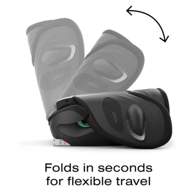 Cybex Solution G2 Folding Travel High-Back Booster in almond beige, demonstrating a folding mechanism for easy travel.