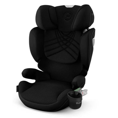 High-back booster seat in sepia black with cushioned sides, adjustable headrest, and cup holder.