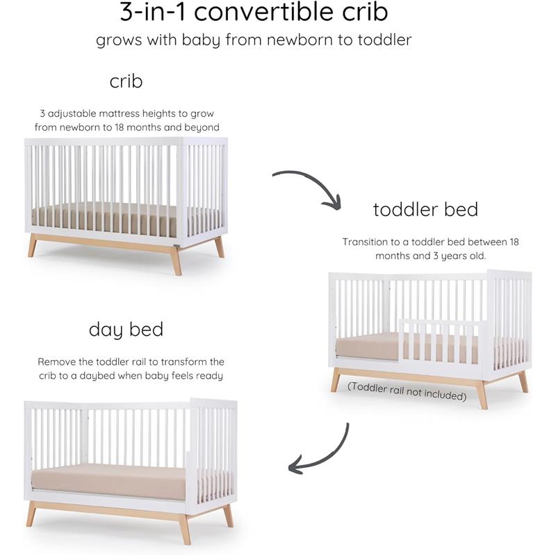 Dadada - Baby Soho 3-in-1 Convertible Crib to Toddler Bed, White/Natural Image 3