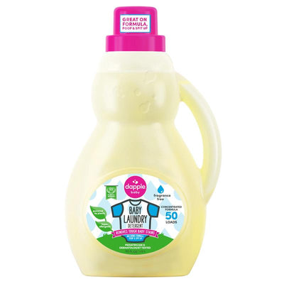 Fragrance-free Dapple Baby Laundry Detergent in a yellow bottle, 50 oz, designed for tough baby stains, pediatrician tested.