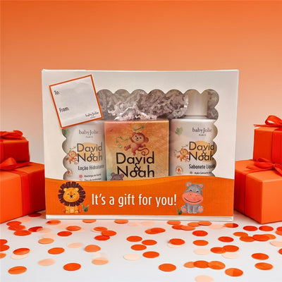 Kids perfume gift set by David & Noah, featuring lotion and liquid soap in a decorative box with a colorful design.