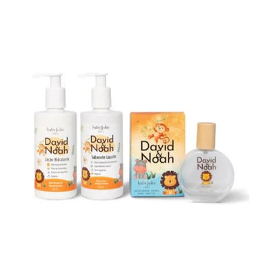 Lotion, body wash, and perfume bundle from David & Noah by Baby Jolie, featuring lion illustrations on the packaging.