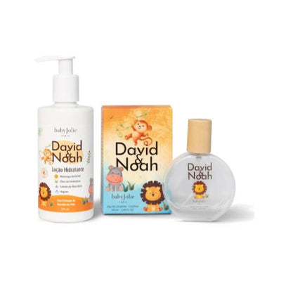 Lotion and perfume bundle by Baby Jolie featuring David & Noah, with a moisturizing lotion and a circular fragrance bottle.