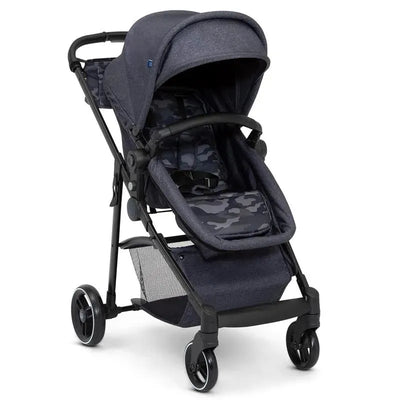 Delta Children 2-in-1 Carriage Stroller in Camo Black features a dark camo-patterned seat with a canopy and storage basket.