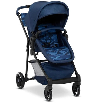 Delta Children 2-in-1 Carriage Stroller in Camo Blue, featuring a padded seat, adjustable canopy, and durable wheels.