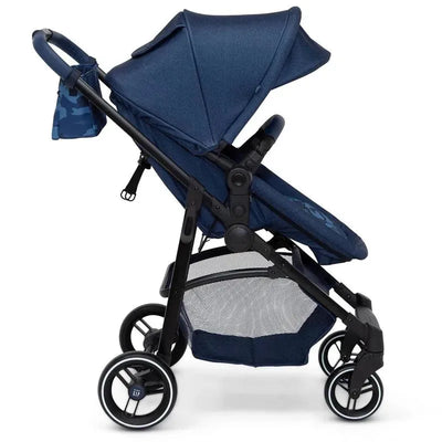 2-in-1 Baby Gap carriage stroller in camo blue with adjustable canopy and black frame, featuring mesh storage below.