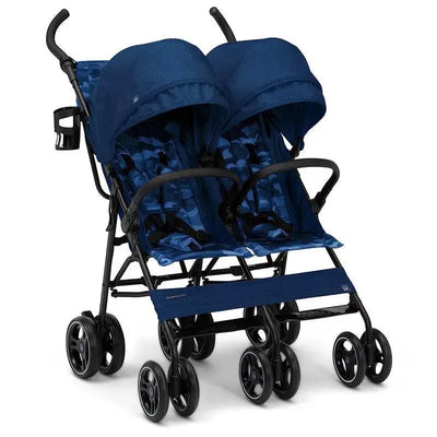 Classic side-by-side double stroller in navy camo with two seats, adjustable canopies, and a black frame.