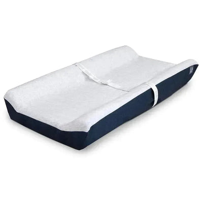 Contoured changing pad with a navy base and a gray cooling cover, designed for infant diaper changing.