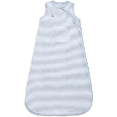 Bluish grey striped sleep sack for infants, suitable for 6-12 months, featuring a sleeveless design and gentle closure.