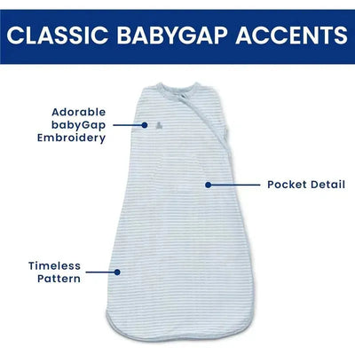 Bluish grey striped sleep sack for infants, featuring babyGap embroidery, a pocket detail, and a timeless pattern, for 6-12 months.