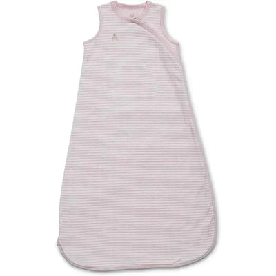 Pink striped sleep sack for babies, designed for 6-12 months, with sleeveless design and soft fabric.