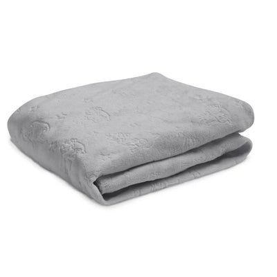 Grey plush changing pad cover, contoured shape with subtle embossed patterns, designed for comfort during diaper changes.
