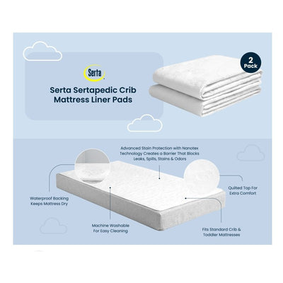 Delta Sertapedic Crib Mattress Liner Pads (2 pack) with waterproof backing, quilted top, and Nanotex technology for easy cleaning.