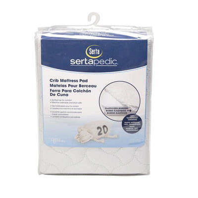 Fitted crib mattress pad by Serta Sertapedic, featuring waterproof materials, elasticized borders, and machine washable care instructions.