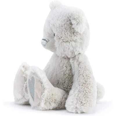Plush bear designed for April birthday celebrations, featuring soft gray fur and heart-shaped paw pads.