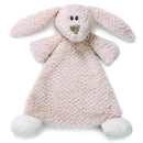 Pink bunny rattle blankie featuring soft fur, floppy ears, a stitched smile, and contrasting white paws.
