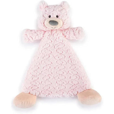 Pink bear rattle blankie with a smiling face, arms, and soft textured fabric, designed for infants.