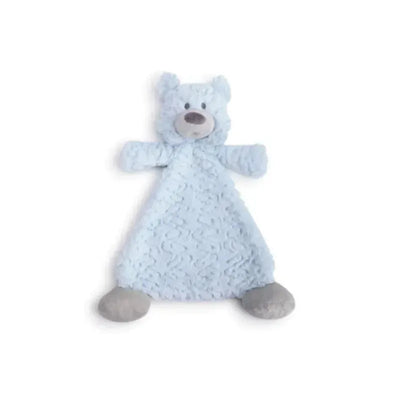 Blue bear-shaped rattle blankie with textured fabric, soft ears, and gray paw accents for infants.