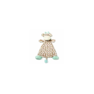 Green and brown giraffe rattle blankie with a plush head, arms, and teal feet, designed for infants.