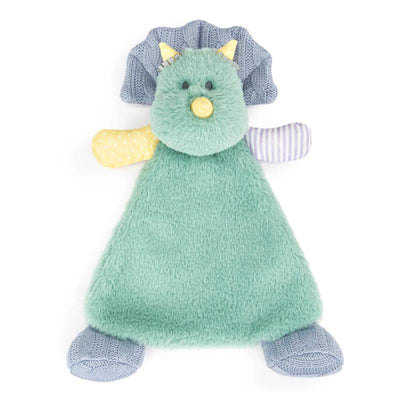 Demdaco Dino Oddball Blankie features a soft, mint-green body with a friendly dinosaur face, textured arms, and colorful accents.