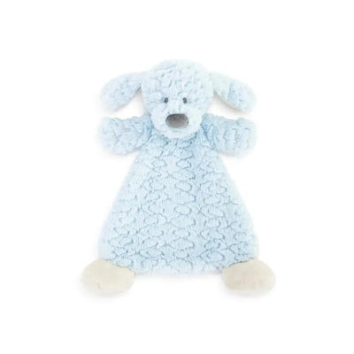 Soft, light blue dog-shaped rattle blankie with plush ears, a textured body, and beige feet, perfect for infants.