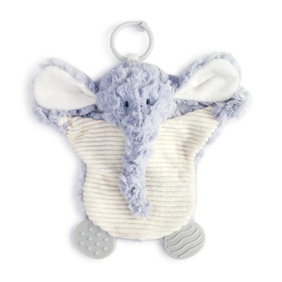 Purple elephant-shaped teether with plush fabric, crinkle texture, and silicone teething parts. Measures 7x10 inches.