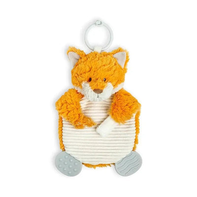 Orange fox-shaped teether buddy with textured fabrics and a soft body, featuring a ring attachment for easy handling.