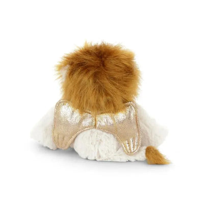 Plush guardian angel lion with a golden bow and soft fur, designed as a comforting toy.