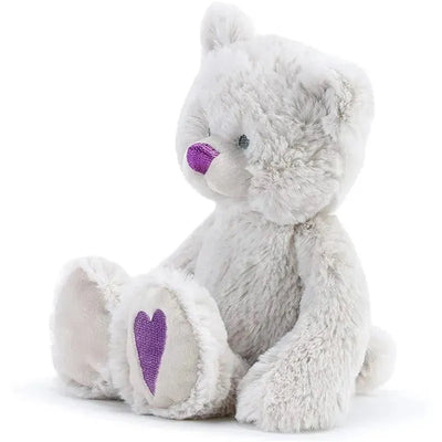 Plush bear with a light gray fur, purple nose, and a purple heart on its foot, designed as a June birthstone gift.