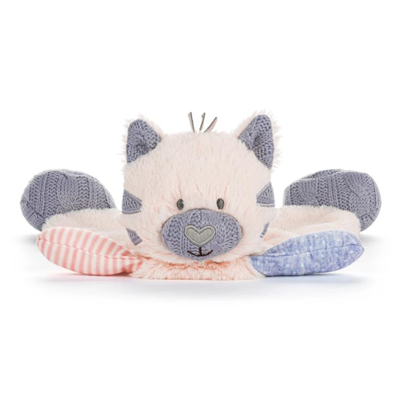 Demdaco Kitty Oddball Blankie features a plush cat head with a heart-shaped nose and patterned ears, offering comfort for children.