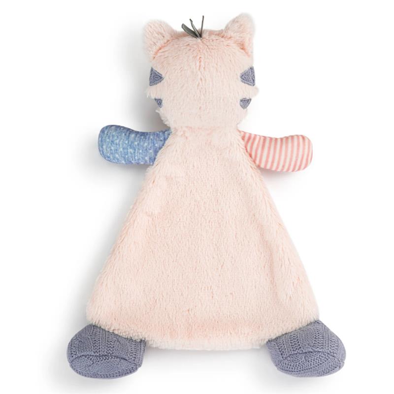Soft pink plush blanket with a kitty character, featuring striped and textured arms and blue paws.