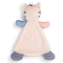 Soft pink plush blanket with a kitty character, featuring striped and textured arms and blue paws.
