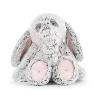 Luxurious pink elephant rattle with soft fur, large ears, and round feet, ideal for baby sensory play.