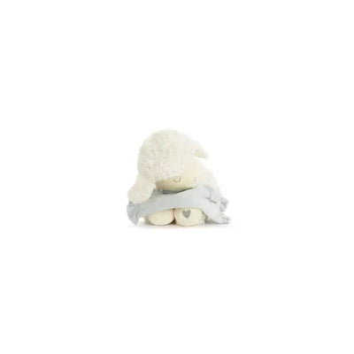 Neutral Goodnight Prayer Mechanical Lamb with a soft white exterior and a gray blanket, ideal for comforting children.
