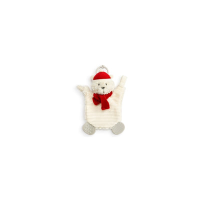 Demdaco Polar Bear Teether Buddy features a soft plush bear in a red scarf and hat, designed for infants.
