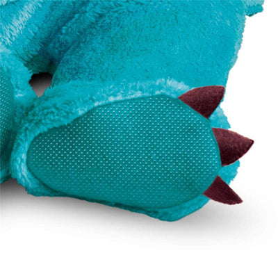 Turquoise costume booties featuring a fuzzy texture, with dark purple claw details on the toes, designed for infants.