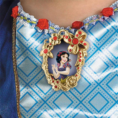 Infant costume with a blue patterned dress featuring a gold and red Snow White brooch. Designed for Halloween (12-18 months).