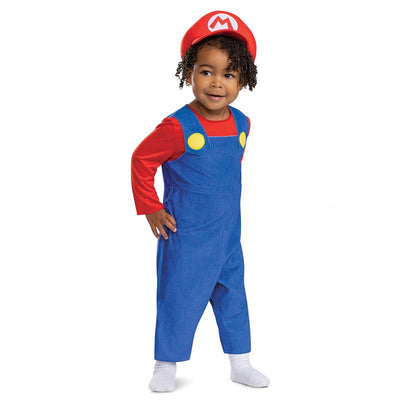 Infant wearing a blue Mario costume with red shirt and cap, featuring yellow buttons and white socks.