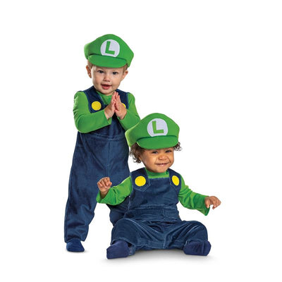Luigi infant costume featuring two toddlers in green and blue outfits with Luigi hats and matching overalls.