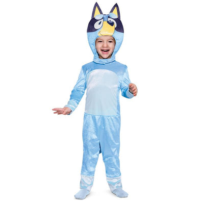 Official Bluey costume for kids, featuring a shiny blue jumpsuit and a character hood with ears, worn by a smiling child.