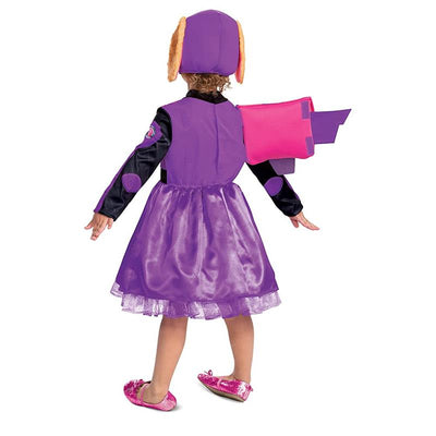 Purple Paw Patrol Skye costume with a jumpsuit and hat featuring ears, a pink cape, and sparkly pink shoes.