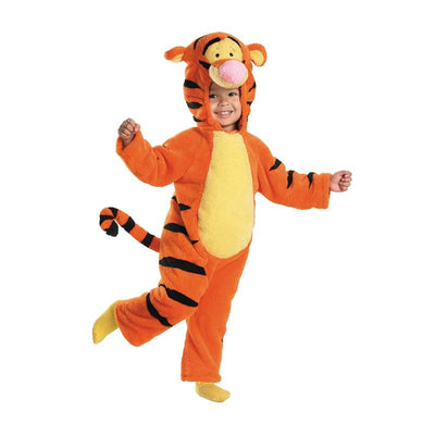 Deluxe two-sided plush jumpsuit costume for toddlers, featuring Tigger from Winnie the Pooh, with orange fur and black stripes.