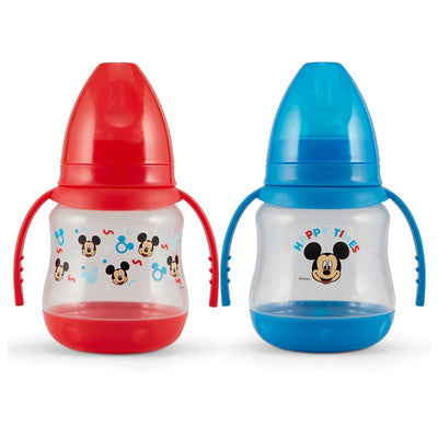 2-pack of Disney 7-ounce baby bottles featuring red and blue designs with Mickey Mouse prints and double handles. BPA free.