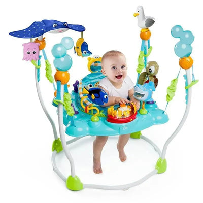 Disney Baby Finding Nemo Sea of Activities Jumper featuring a smiling baby surrounded by colorful marine-themed toys and activities.