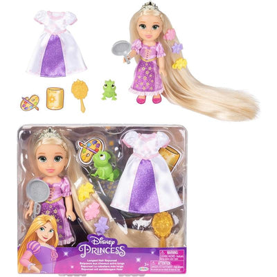 Disney Princess Rapunzel Doll with long blonde hair, wearing a purple dress, includes Pascal the chameleon and accessories.