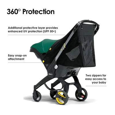 360° Protection cover for Doona Car Seat & Stroller featuring UV protection, snap-on attachment, and zippered access.