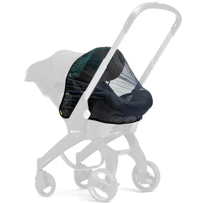 Black insect net for Doona stroller, designed to protect infants from insects while ensuring visibility and airflow.