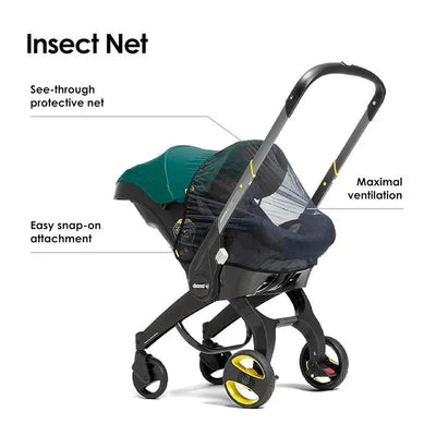Lightweight black insect net for stroller with see-through design, easy snap-on attachment, and features highlighted for ventilation.