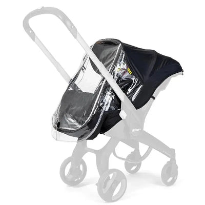 Doona rain cover attached to a Doona car seat stroller, featuring a clear protective shield and black fabric.