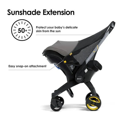 Sunshade extension for Doona car seat and stroller, featuring UV protection and easy snap-on attachment.